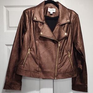Joseph Ribkoff Metallic Bronze Moto-Style Jacket with Gold Hardware In Size Larg
